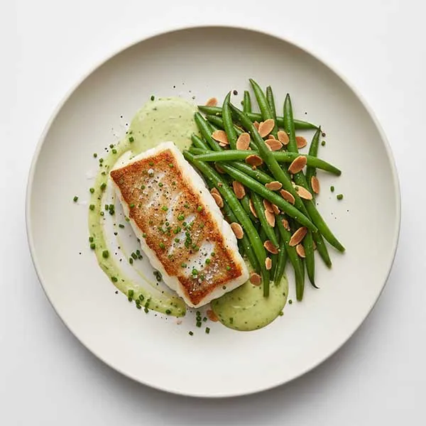 Seared fish Fillet & Almondine Beans with Whipped Chive Butter Emulsion